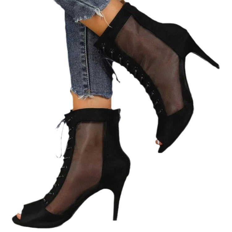 Dame Halvåben High Heel Støvler med gennemsigtig Sideskin og Snørebånd Stilla