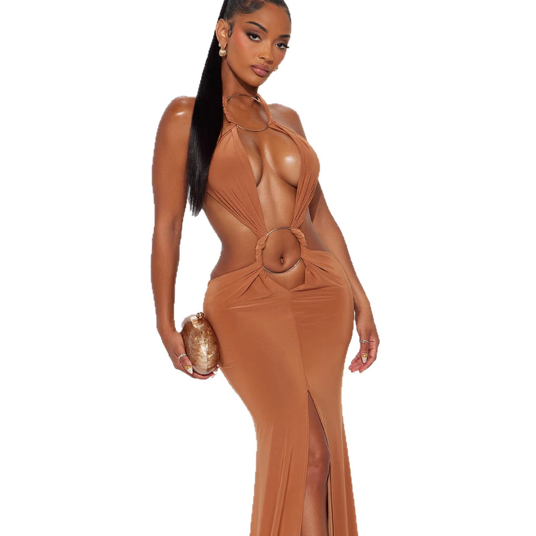 Ladies excitierende maxi kjole med dyb V-hals og elegante samlingselementer
