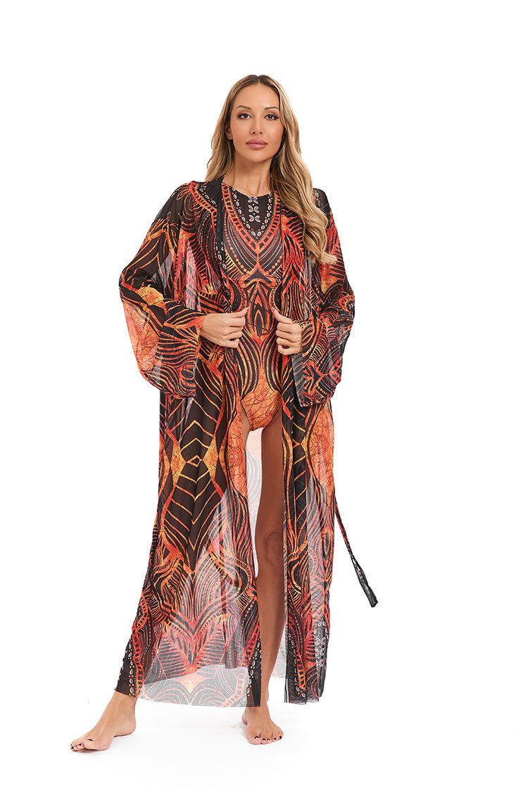 Dame elegant gennemsigtig strandkimono med blomsterdesign Skovae