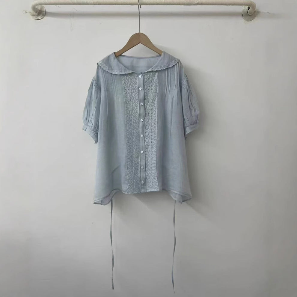 Dame Button-Up Bluse med spidsekrave og justerbart bånd Stilla