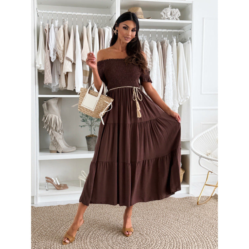 Dame Off-Shoulder Trinmaxikjole med Talje Knude Stilla