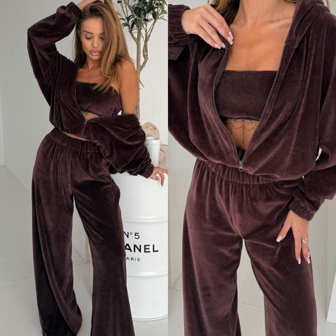 Damer Elegant Fleece Loungewear Sæt med Løs Top og Behagelige Bukser Skovae
