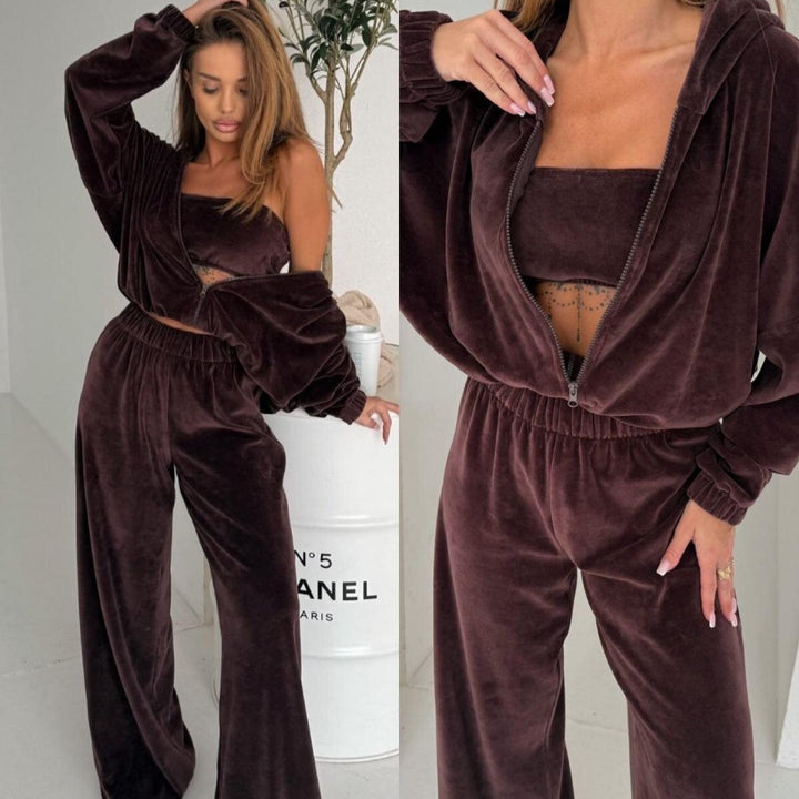 Damer Elegant Fleece Loungewear Sæt med Løs Top og Behagelige Bukser Skovae