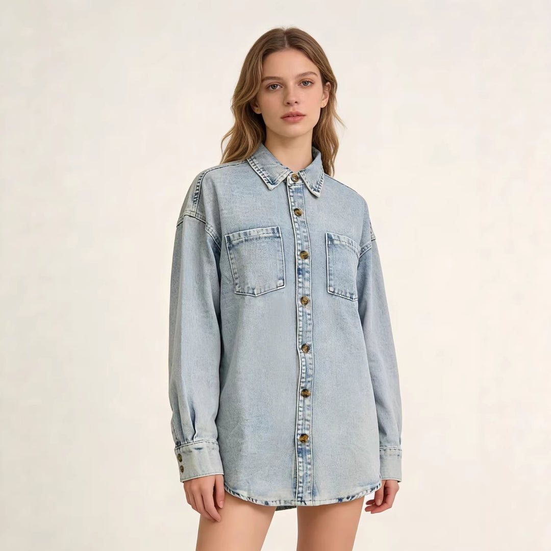 Dame Oversized Denim-Skjorte med påsatte lommer Skovae