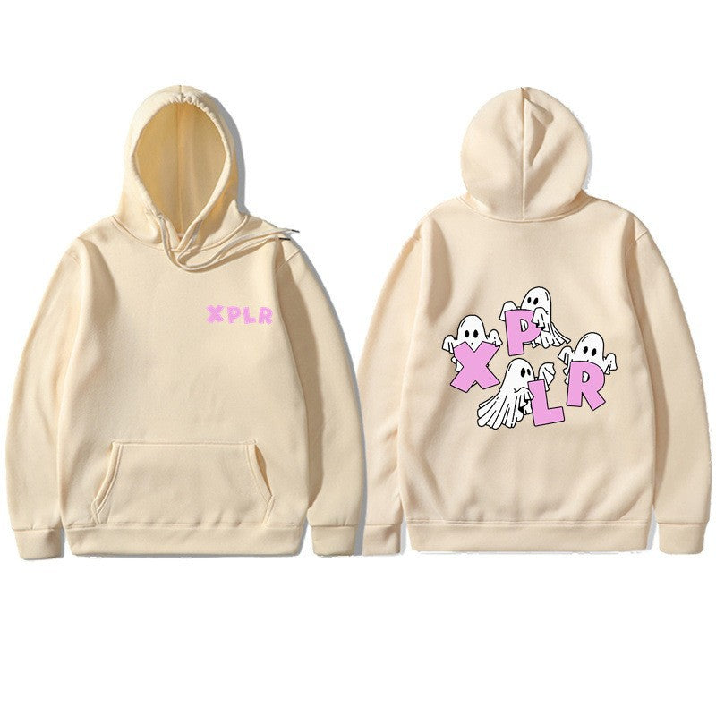 Dame hoodie med kreativt spøgelsesmotiv og kangaroo lomme Skovae