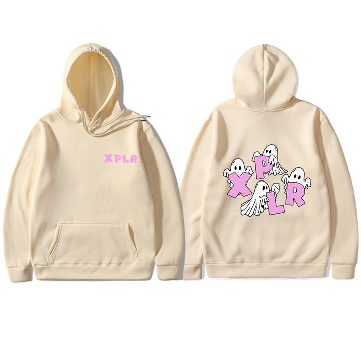 Dame hoodie med kreativt spøgelsesmotiv og kangaroo lomme Skovae
