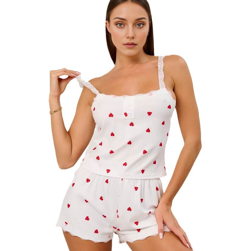Dame pyjamasæt med hjerte motiv og spids afslutninger Stilla