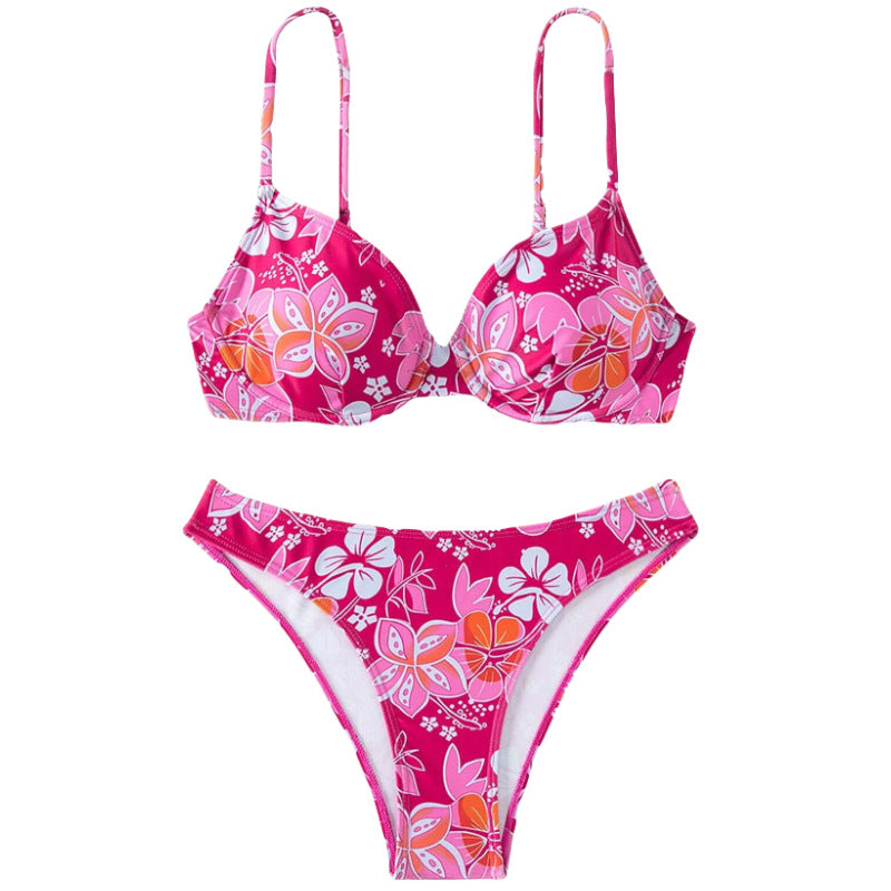 Dame polstret trekant-bikini med blomstermotiv og justerbare stropper Skovae