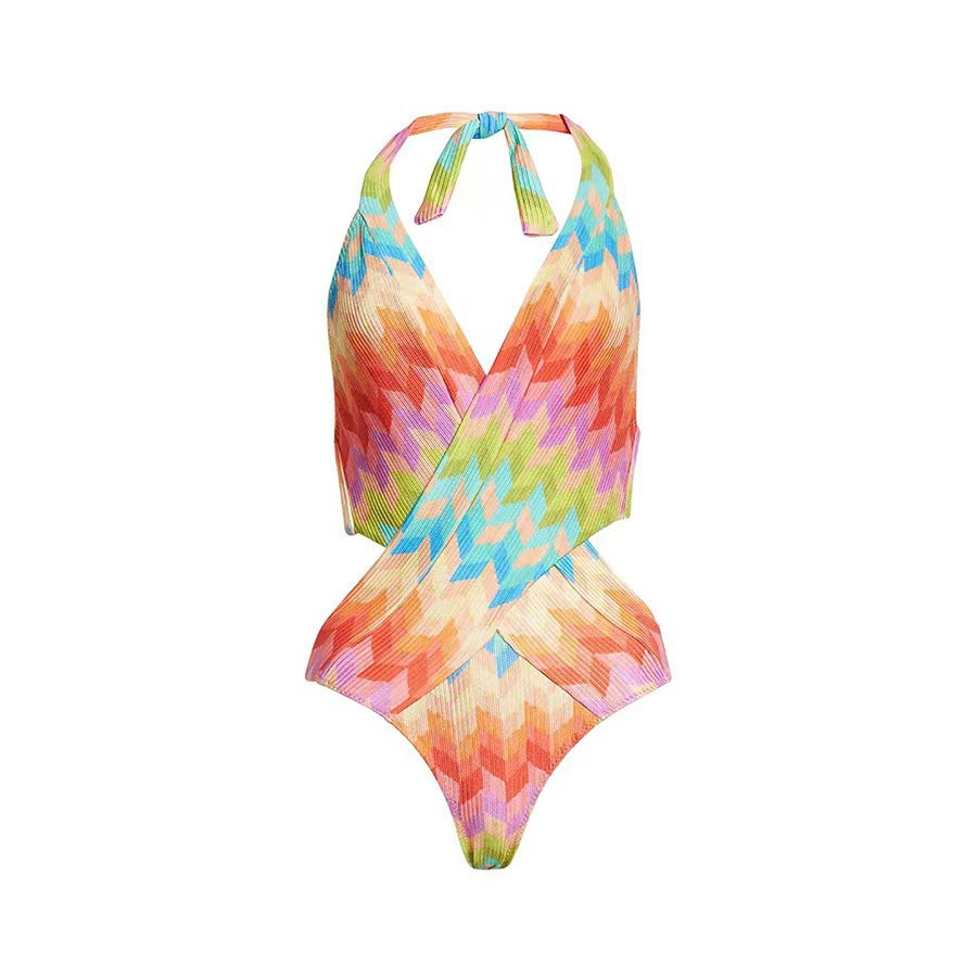 Dame Cut-Out Badedragt med moderne ribdesign og farverigt mønster Stilla