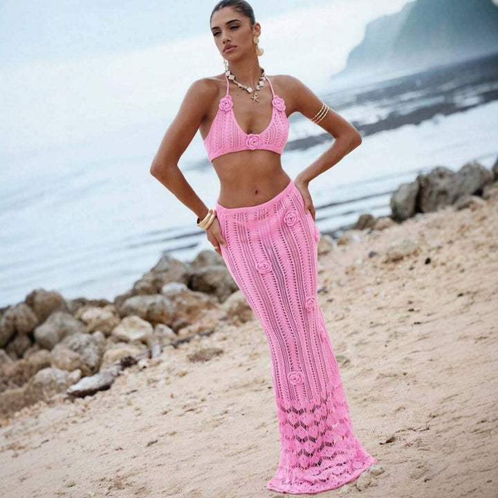 Dame hækle sæt med elegant crop-top og tætsiddende nederdel Stilla