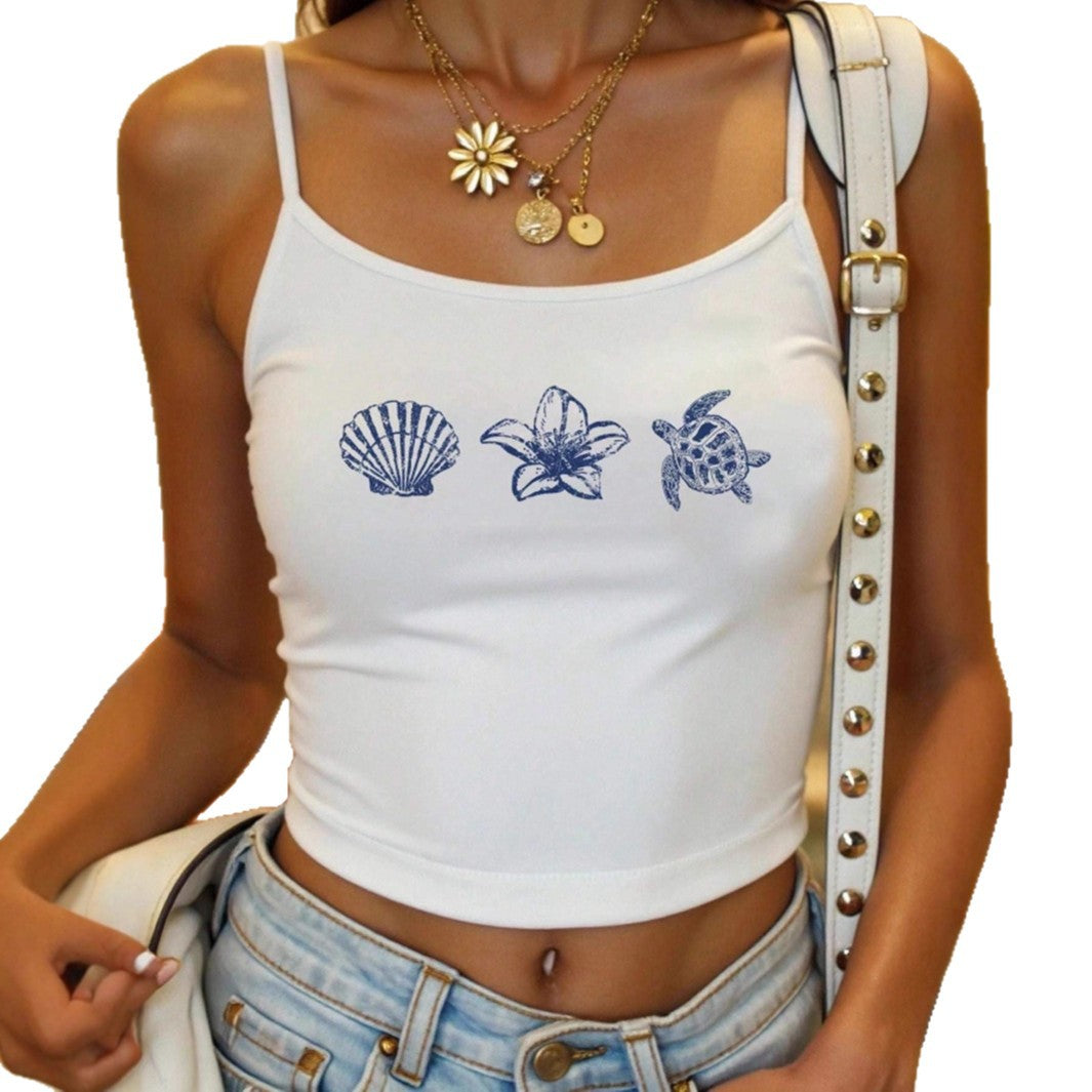 Dame Crop Top med maritime motiver og tætsiddende pasform Skovae