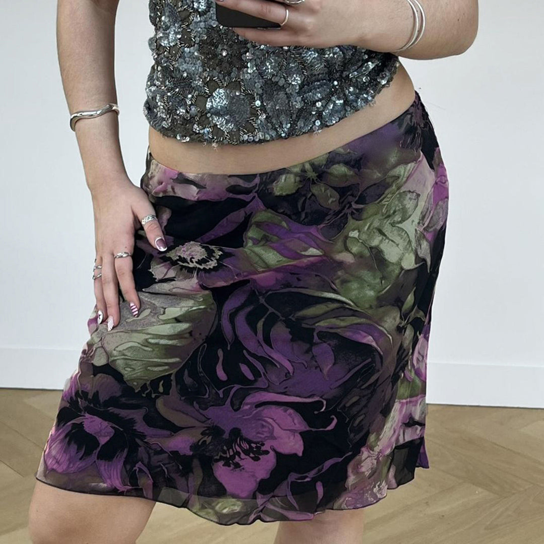 Damen eleganter Midirock mit floralem Design und fließendem Stoff Skovae