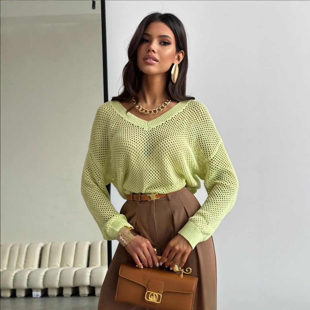 Kvinders strikket sweater med luftig struktur og V-hals Stilla
