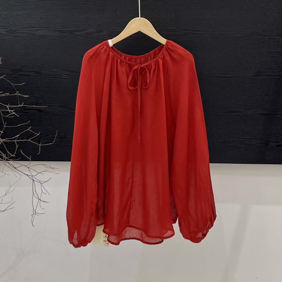 Femme Elegante Langærmet bluse med justerbar knude Stilla