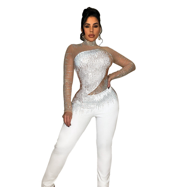 Dame Glamourøs Bodycon Jumpsuit med gennemsigtigt overdel og glitrende strassdekorationer Stilla