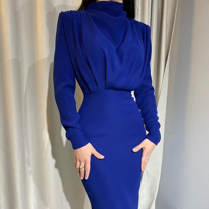Dame elegant Langærmet kjole med høj hals og drapering Stilla