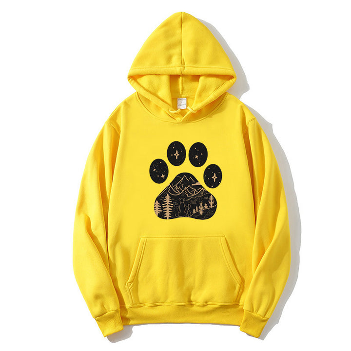 Dame hoodie med kreativ poteprint design og bjerglandskab Skovae