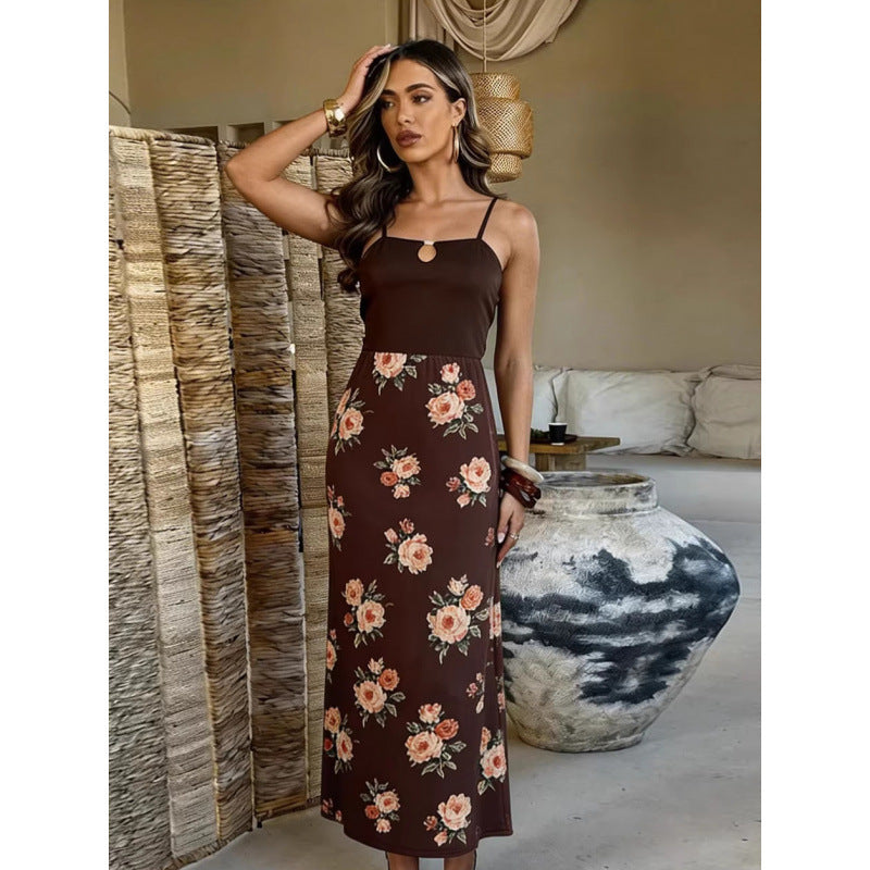Damen Maxi-Kleid mit modischem Blumenmuster und schmalen Spaghettiträgern Skovae
