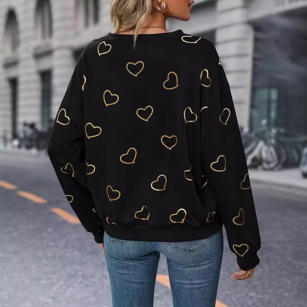 Dame nan løs hjerteprint sweatshirt med rund halsudskæring og ribkant Skovae