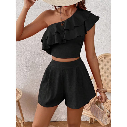 Dame Rynker En-skulder Crop Top og højt skårne Shorts Sæt Stilla