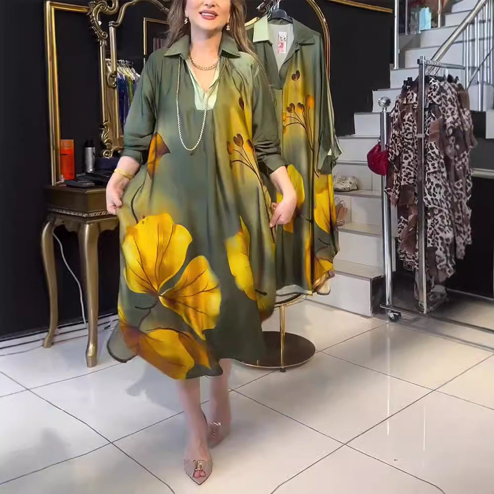Dame nan oversized skjortekjole i A-linje-snit med skjortekrave og stort blomsterprint Skovae