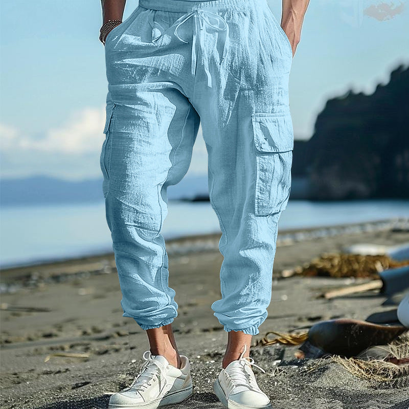 Herren nan afslappede linned cargo joggers med snoretræk, store klaplommer og elastisk ankelafslutning Skovae