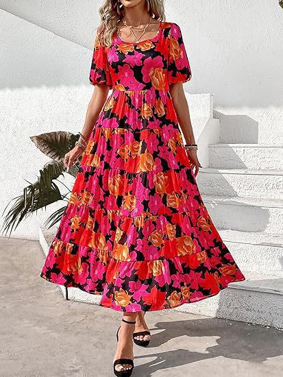Dame maxikjole med voluminøs skirt og bladprint Stilla