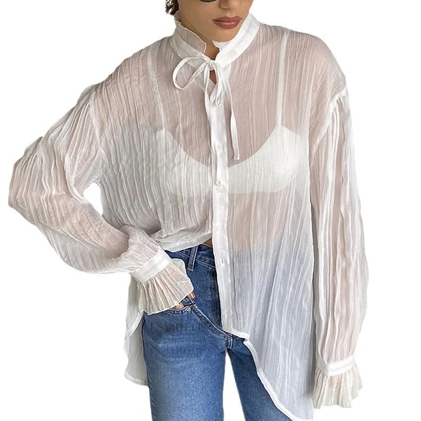 Dame langærmet bluse med elegant ståkrave og fine flæsedetaljer Stilla