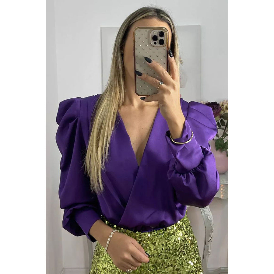 Dame Højhalset Satin-top med Puffærmer og Vikkel Design Stiila