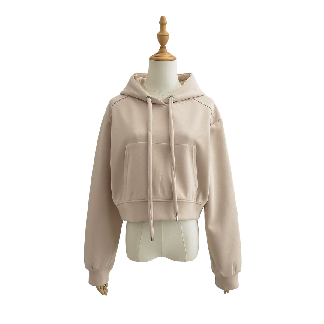 Dame Cropped Hættepullover i blødt Sweatstof med praktiske Kængurulommer Stilla