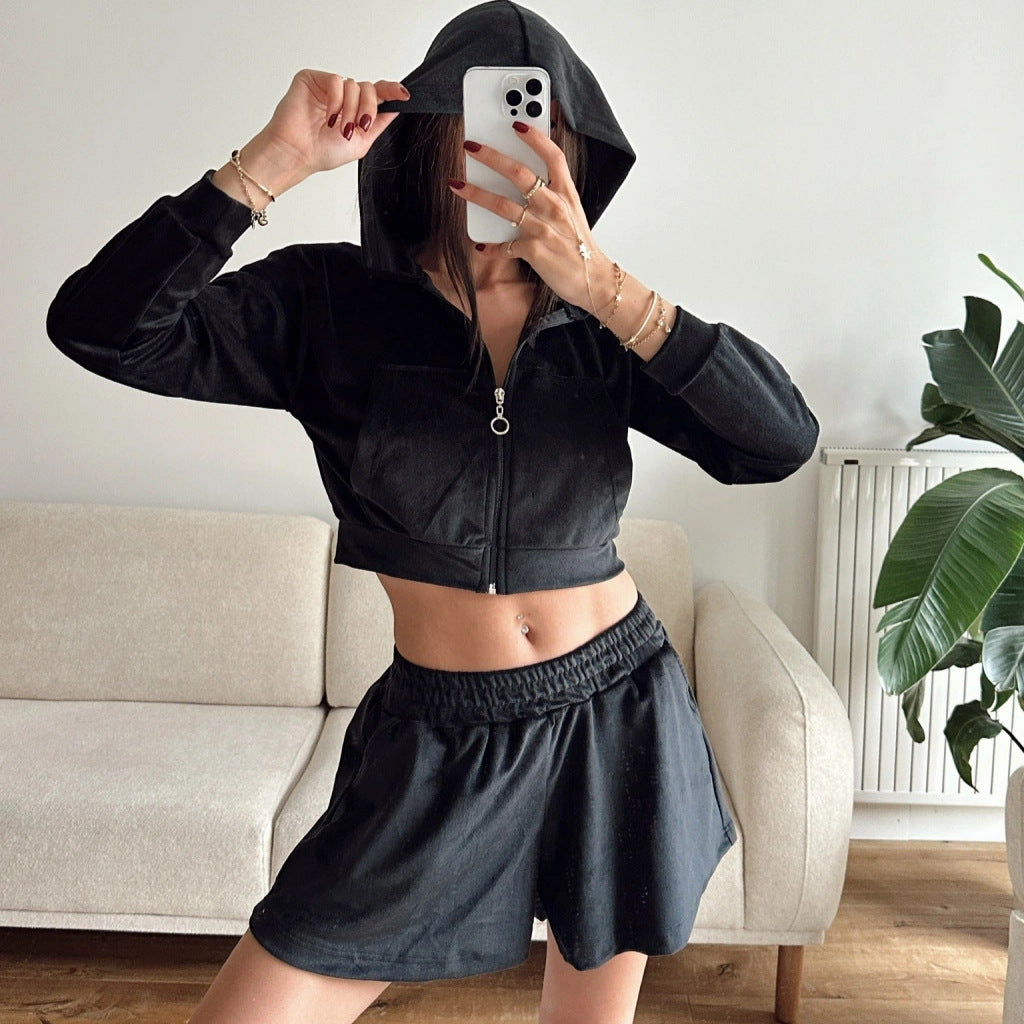 Dame casual og stilfuld fleece shorts sæt med hætte og fuld lynlås Skovae