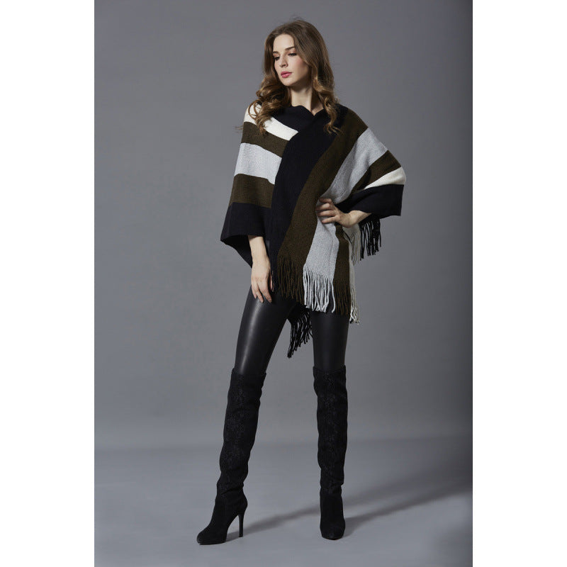 Dame geometrisk print poncho med frynse-bund Stilla