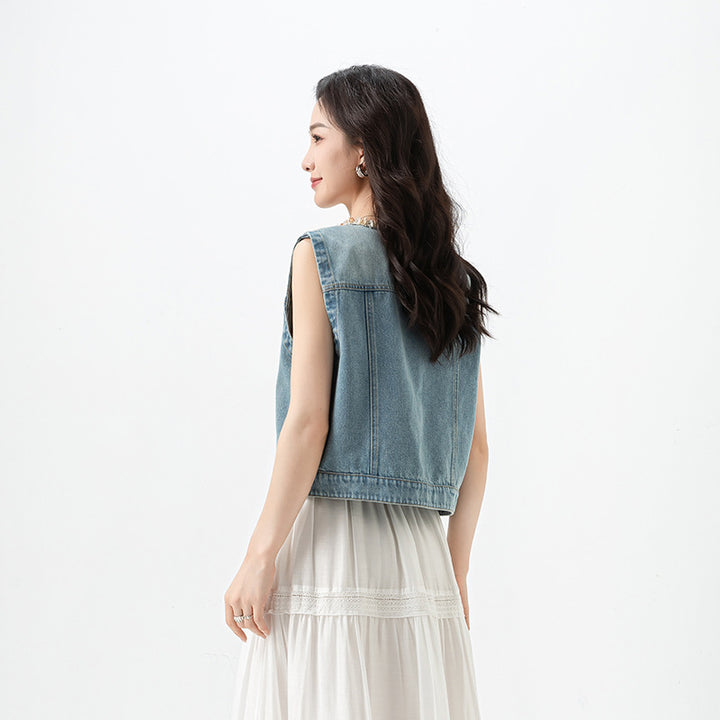 Dame Denim Vest i afslappet look med praktiske lommer og knapliste Stilla