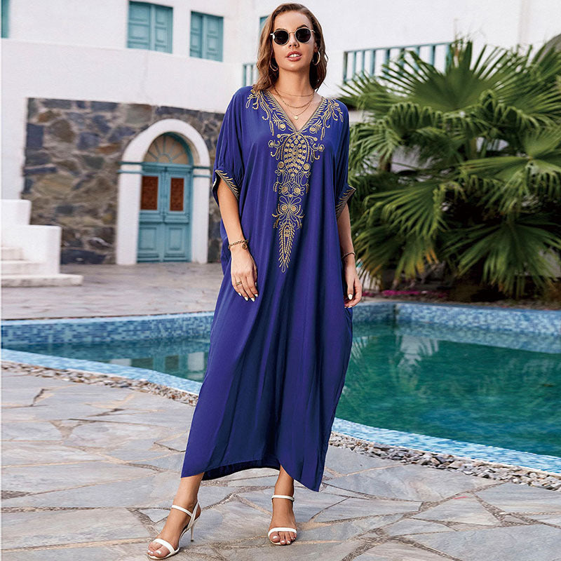 Dame elegant Strandkaftan med omfattende broderi og lommer Stilla