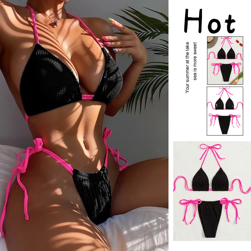 Dame triangel-bikini med trendy flæsedesign og justerbare snørredetaljer Skovae