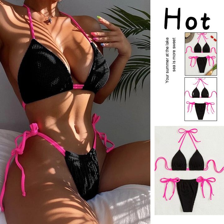 Dame triangel-bikini med trendy flæsedesign og justerbare snørredetaljer Skovae