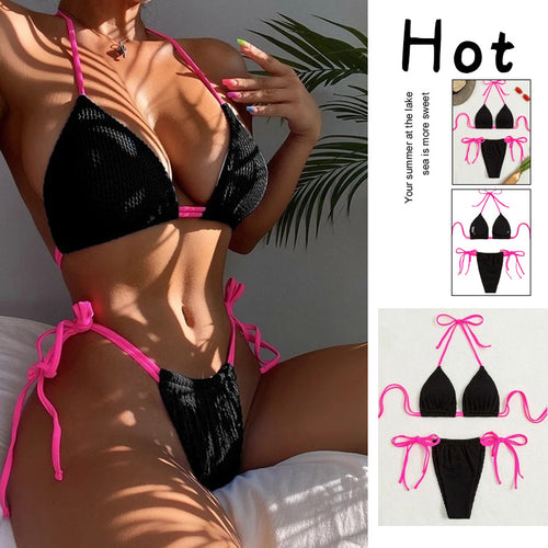 Dame triangel-bikini med trendy flæsedesign og justerbare snørredetaljer Skovae