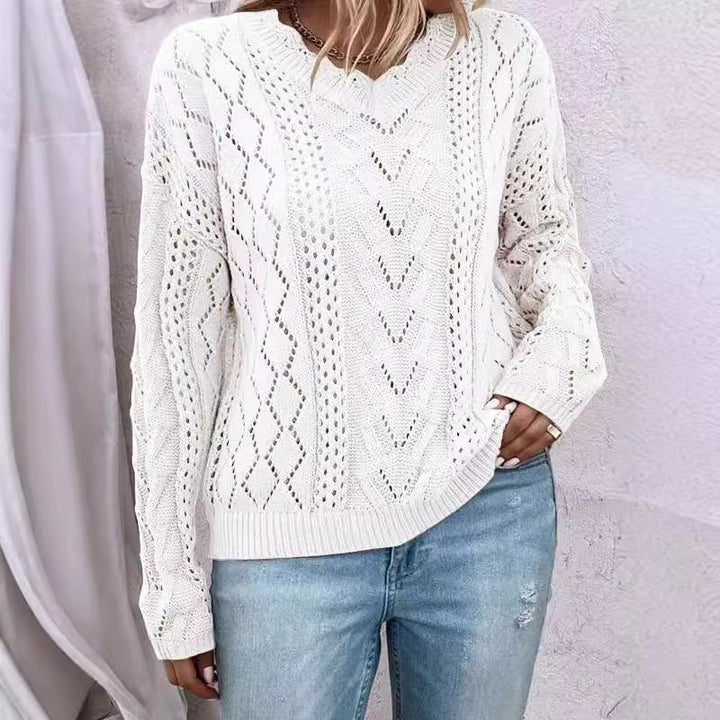 Dame strikket pullover med raffinerede mesh strukturer og V-hals Stilla