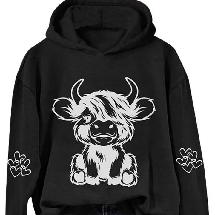 Kvindernes hætte sweatshirt med charmerende kvægmotiv og praktiske kængurulommer Skovae