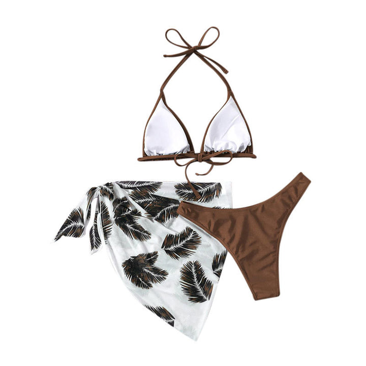 Dame Triangel-Bikini med et trendy blad-mønster og en afslappet indpakningskjole Skovae