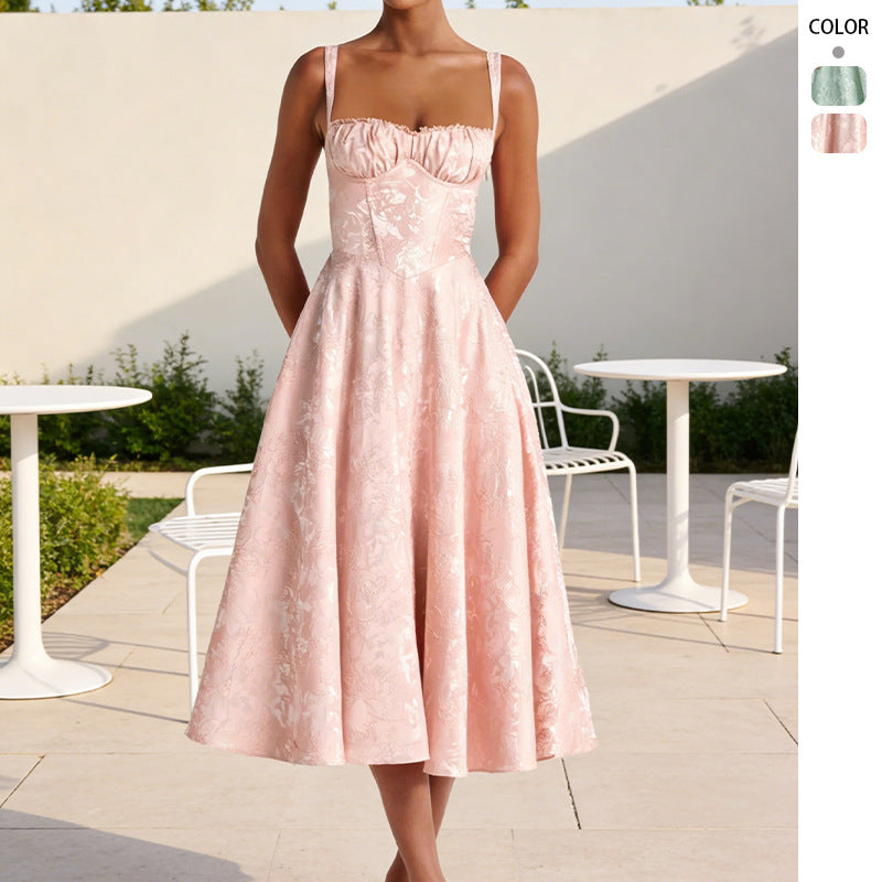 Dame midi kjoler med blomster jacquard og stilfuld bustier top Skovae