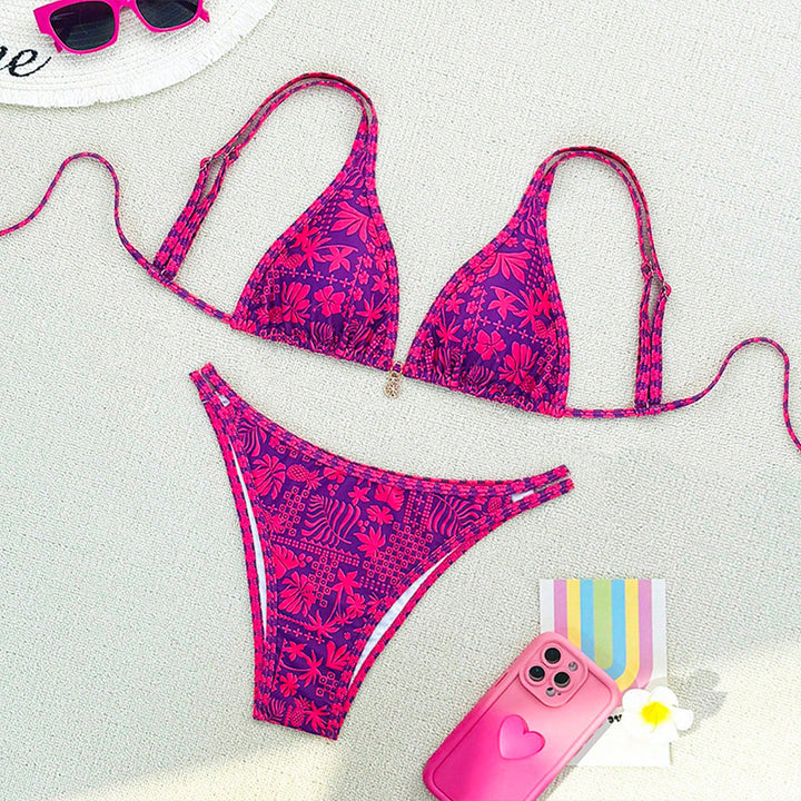 Dame triangel bikini sæt med blomstermønster og raffinerede bindebånd Skovae