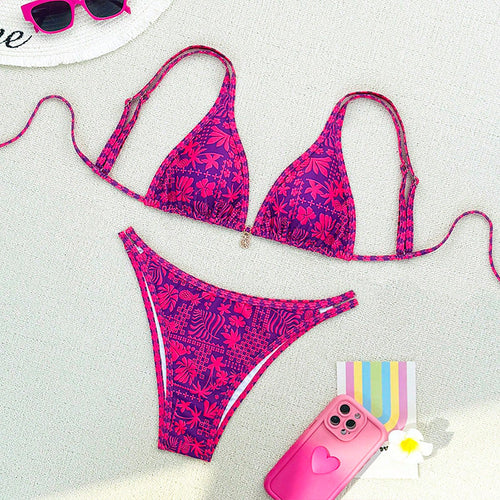 Dame triangel bikini sæt med blomstermønster og raffinerede bindebånd Skovae