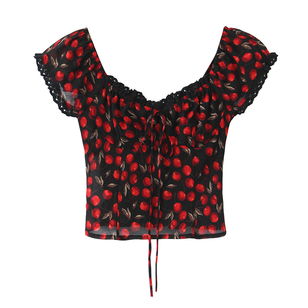 Dame Crop-top med ruffle-detaljer og blomsterdesign Stilla