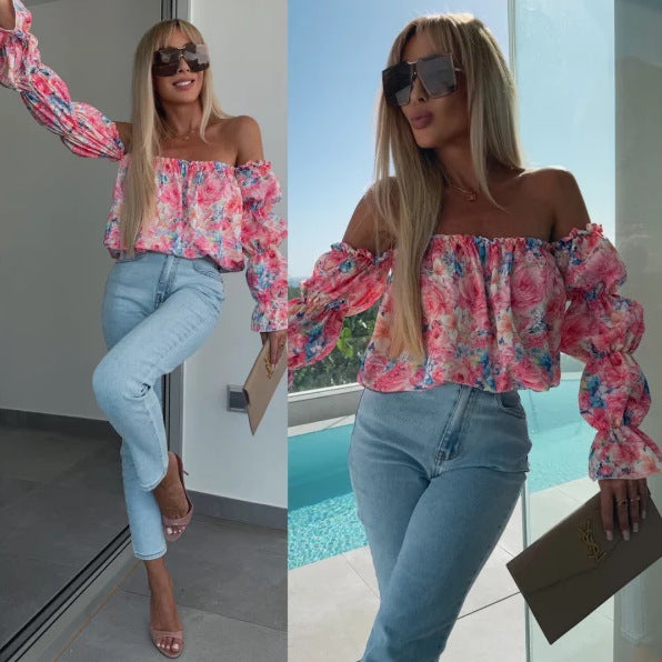 Dame Off-Shoulder Bluse med voluminiøse ærmer og floral design Stilla
