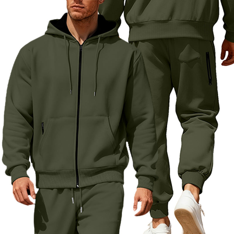 Herren nan hoodie sæt med gennemgående lynlås, kengurutaske og konisk joggingbukser med lynlåslommer Skovae