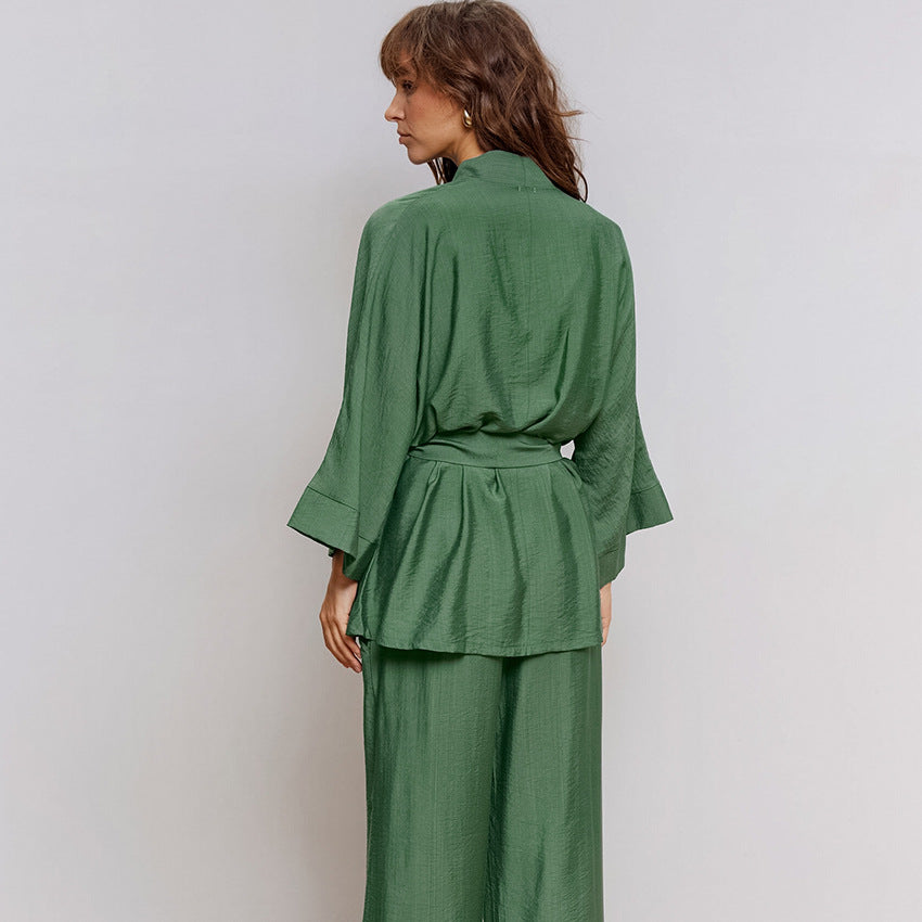 Dame trendy loungewear-sæt med bred kimono-overdel og løs bukser Stilla