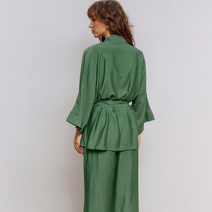 Dame trendy loungewear-sæt med bred kimono-overdel og løs bukser Stilla
