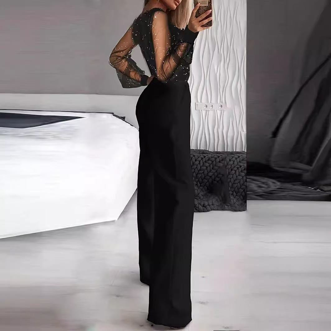 Damer Elegant Jumpsuit med gennemsigtige ærmer og glitrende detaljer Skovae