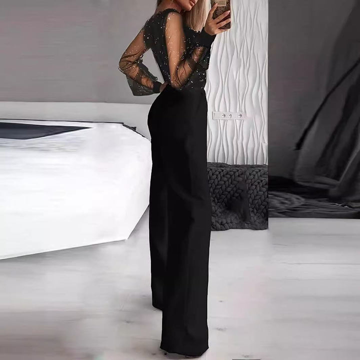 Damer Elegant Jumpsuit med gennemsigtige ærmer og glitrende detaljer Skovae